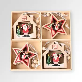 Christmas Wooden Enchanting Ornaments Box Set Of Twelve With Santa And Details Snowflake