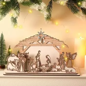 Christmas Wooden Nativity Scene Decoration Set with Base Christmas Party Atmosphere Decoration Home Decoration