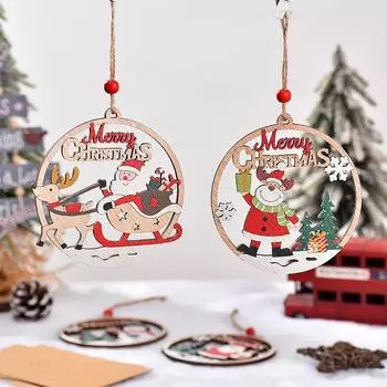 Christmas Wooden Pendant Hanging Ornaments Hollow Santa Claus Elk Xmas Tree Decorations New Year 2025 Navidad Party Home Decor