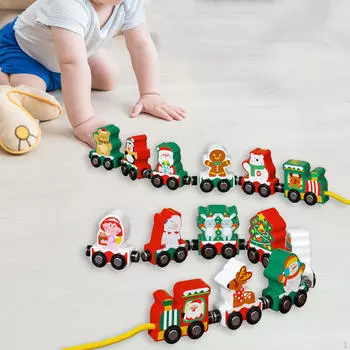 Christmas Wooden Train Ornament Snowman Elk for Study Room Cabinet Bookshelf