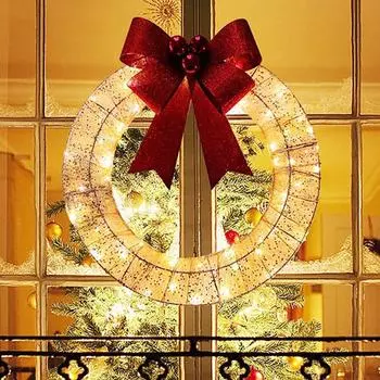 Christmas Wreath Metal Wreath LED Warm Light Large Bow Christmas Decoration Door Hanging One Size