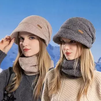 CHRLCK зимняя шапка-бини, комплект шарфов, женская теплая вязаная шапка, шапка с черепом, утепленная шапка для шеи, утепленная меховая подкладка, женская зимняя шапка, маска, шарф 55-60cm жёлтый