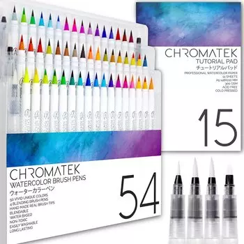 Chromatek 54 акварельные ручки и 15-страничный блокнот Real brush 4 кисти для Easy to Brightly 50 уникальных профессиональных художественных ручек. смешивание. смесь. цветной. аквамарин