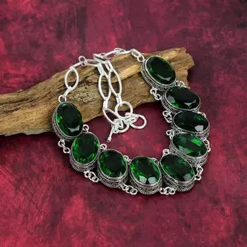 Chrome Diopside Handmade Gemstone Necklace, 925 Solid Sterling Silver Necklace, Unique Design Jewelry Necklace Adjustable With 18 Inches зелёный