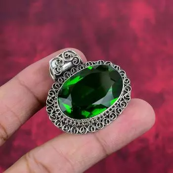 Подвеска из хромдиопсида, 925 пробы серебряная подвеска, подарок для женщин, подвеска ручной работы с драгоценными камнями 1.50 Inches зелёный