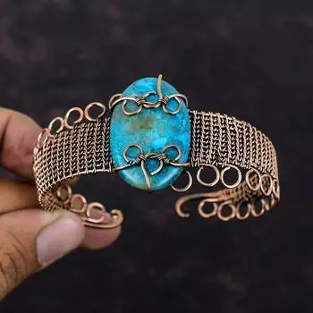 Браслет из хризоколлы, медная проволока, браслет-манжета, регулируемый браслет, ручная работа, проволочная обертка, ювелирные изделия из драгоценных камней, медные украшения для подарка