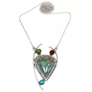 Chrysocolla Garnet Gemstone Mother s Day Silver Jewelry Necklace 20 in