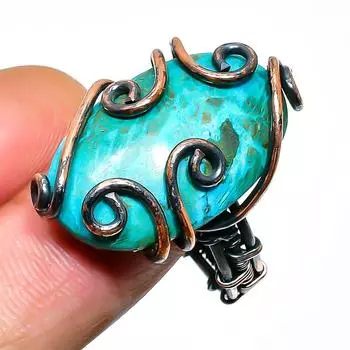 Кольцо из медной проволоки ручной работы с драгоценным камнем хризоколла, размер 10