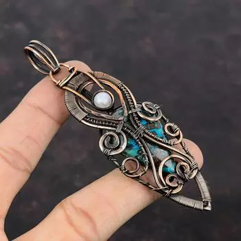 Подвеска из драгоценного камня хризоколла, медная проволочная обертка, ювелирные изделия из проволоки, подвеска из радужного лунного камня, ручная работа, медные украшения, подарок для матери