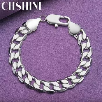 CHSHINE 925 стерлингового серебра боковой цепи 12 мм браслет для женщин мужчин модные ювелирные изделия с подвесками 20CM 8inches