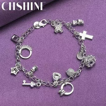 CHSHINE Кольцо из стерлингового серебра 925 пробы/звезда/крест/сердце/ключ/замок/круглый браслет-подвеска модный очаровательный свадебный браслет для женщин ювелирные изделия 20CM 8inches