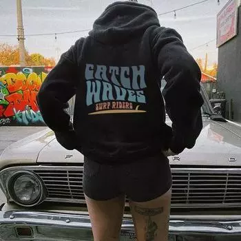 Chtch Waves Surp Ridersевропейский и американский новый стиль с принтом букв, модный капюшон с воротником сзади, плюс бархатный свитер для женщин S коричневый