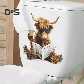 Чтение газет Як стикер для унитаза Съемный самоклеящийся водонепроницаемый ПВХ Гостиная Ванная комната Стена Искусство Корова Крышка унитаза Украшение Наклейка A