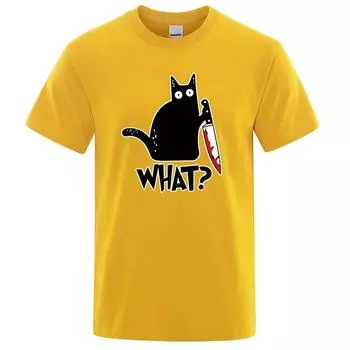 ЧТО? Футболка с принтом ножа и кота для мужчин и женщин с анимэ-графикой Harajuku Oversize t-shirts Casual Loose Casual Male Tees Tops Clothing S бежевый