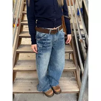 Chuan Chuan Also American vintage Rivet Washed Lightning Straight Jeans Men and Women Distressed Design Gyaru Low Waist