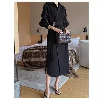 Chubby Girl Belt Shirt Collar below the Knee Long Sleeve Dress Black XL