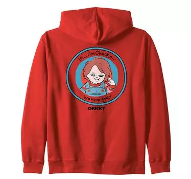 Chucky Привет, Чаки, жуткий мультяшный значок с капюшоном на молнии Я красный