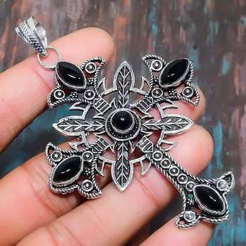 Чудесный крест, черный оникс, драгоценный камень ручной работы, 925 пробы, серебряный ювелирный кулон 3.35 Inches чёрный