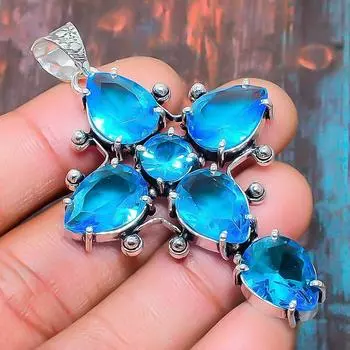 Чудесный крест швейцарский синий топаз драгоценный камень стерлингового серебра 925 пробы свадебные украшения ручной работы кулон 1.77 Inches синий