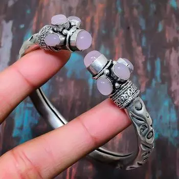 Чудесный розовый халцедоновый драгоценный камень стерлингового серебра 925 пробы Браслет-манжета ручной работы Регулируемый Adjustable