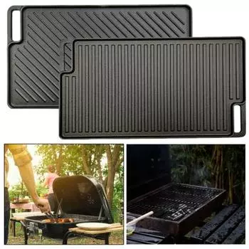 Чугунная двусторонняя сковорода для гриля, предварительно приправленная сковорода, антипригарная прямоугольная пластина для выпечки для газовых грилей, верхние части плит A