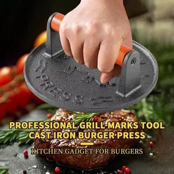 Чугунный пресс для гамбургеров Сверхмощный пресс для гамбургеров, мясорубка, круглая форма для пресса для мяса, эргономичный дизайн, деревянная ручка, кухонный аксессуар чёрный