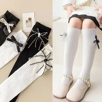Чулки для девочек, черно-белые гольфы для детей, носки до середины икры с бантом в европейском стиле для девочек, хлопковые носки для девочек