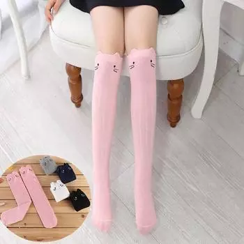 Чулки для девочек Детские длинные носки Детские хлопковые носки Носки с рисунком кошки Детские гольфы белый