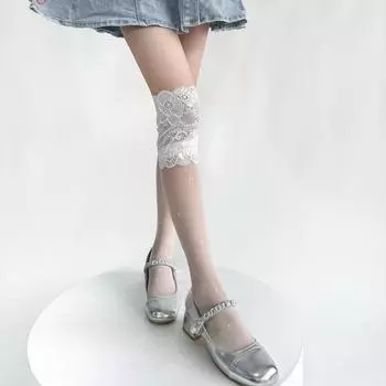 Чулки для девочек, ультратонкие прозрачные гольфы в горошек, носки с кружевными оборками и принтом в виде сердца, высокие гольфы One Size
