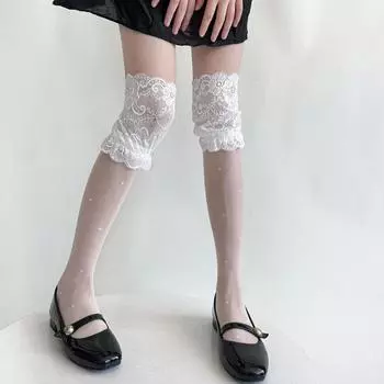 Чулки для девочек, ультратонкие прозрачные гольфы в горошек, носки с кружевными оборками и принтом в виде сердца, высокие гольфы One Size