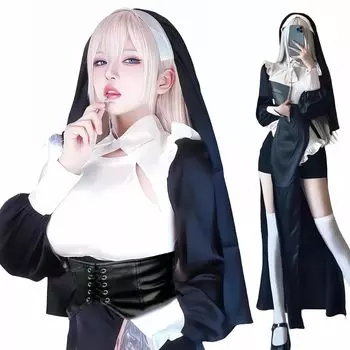 Чулки для косплея сестры, сексуальная маскировка сестры-монахини, цельный костюм, милый костюм для рождественского представления на Хэллоуин, фотосессия, культурный фестиваль чёрный