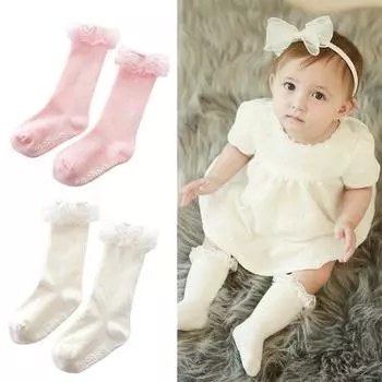 Чулки до колена для малышей от 0 до 4 лет, детские хлопковые мягкие кружевные чулочно-носочные изделия для девочек, носки M(2-4 Years) розовый