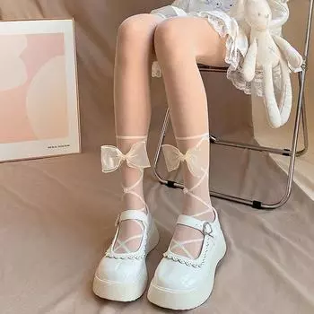 Чулки Lolita с бантиками на бретельках — стиль Pure Desire, молочно-белые, универсальные, сексуальные, женственные. Crossed legs butterfly