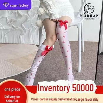 Чулки Mu Ruan Christmas Sweetheart Red Bow Love Pattern до колена - ультратонкие, милые, красивые ноги White socks белый