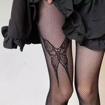 Чулки с принтом готических девушек и больших бабочек, новый дизайн, женские готические панк-сетчатые колготки в сетку, сексуальные чулки One Size чёрный