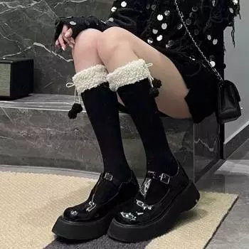 Чулки шерстяные вязаные на шнуровке 30/45 см, утолщенные, теплые, мягкие, кораллового цвета, флисовые, Лолита 30cm Black