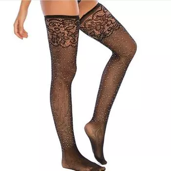 Чулки в сеточку с цветочным принтом для женщин, сексуальные модные блестящие сетчатые чулки, женские чулки в сетку со стразами One size чёрный