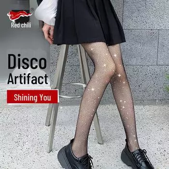 «Чулки в сеточку со стразами красного перца»: Сексуальные, сверкающие колготки для ночного клуба One size [suitable for 90-150 catties]