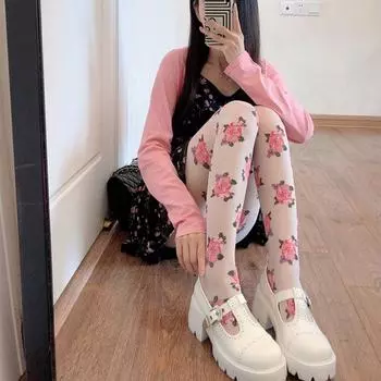 Чулки в стиле Лолиты с вышивкой, бесшовные колготки с цветочным принтом для вечеринки белый