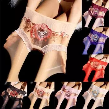 Чулки женские/мужские колготки с цветочной вышивкой, кружевные, плотные Crotch Slit L чёрный