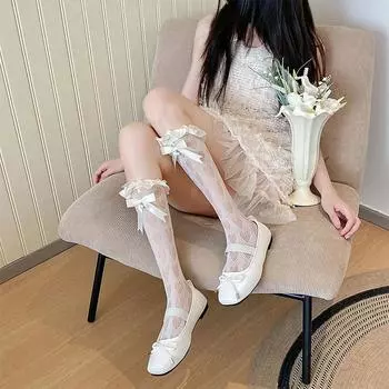 Чулки женские с принтом в виде сердца, ажурные, сексуальные, кружевные, сетчатые, гольфы, милые, с бантом, кавайные, с оборками, женские чулки One Size белый