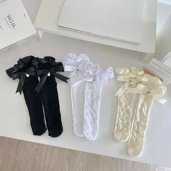 Чулки женские с принтом в виде сердца, ажурные, сексуальные, кружевные, сетчатые, гольфы, милые, с бантом, кавайные, с оборками, женские чулки One Size белый