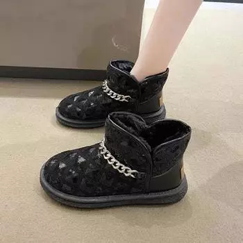 Chunky Black Female Shoes Round Toe Booties Ankle Platform Silver Boot Winter Footwear Spring Autumn Furry Ladies Snow Boots 39 36