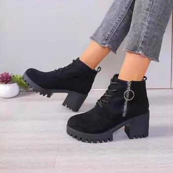 Chunky Heel Lace-up Boots Women Side Zip Non-slip Leather Botas Round Head Suede Casual Women Shoes Winter Warm Cotton Boots 35 чёрный