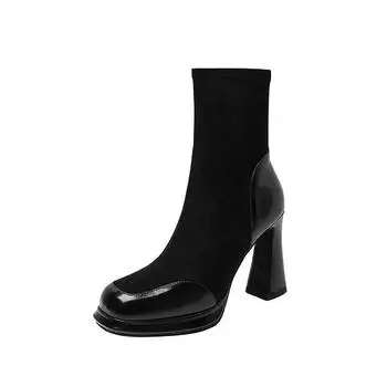 Chunky Heel Short Boots for Women Autumn Winter Splicing Waterproof Platform Skinny Boots Suede Temperament High-heeled 34 чёрный