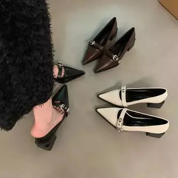 Chunky Heeled Black Pointed High Heeled Single Shoes 2024 New Spring Temperament Women Pumps Shallow Leather Retro Women Heels 35 чёрный