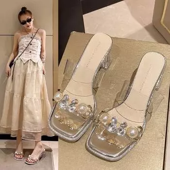 Chunky Open Toe Line with Pearl Diamond-diamond Slippers Women Wear Summer Transparent High Heels 35 серебряный