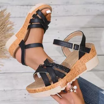 Chunky Platform Sandals for Women 2024 Fashion Ankle Buckle Wedges Sandals Woman Light Non-Slip Casual Gladiator Sandalias Mujer 36 чёрный