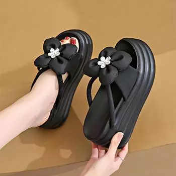 Шлепанцы на толстой платформе, женские сандалии с цветочным узором и стразами для женщин, легкие нескользящие пляжные шлепанцы с толстой подошвой 35