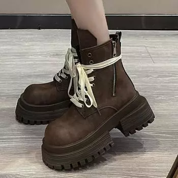 Chunky Platform Women Ankle Boots Designer Leather Shoes Winter 2024 Trend New Fashion Zip Snow Motorcycle Short Botas De Mujer 35 чёрный